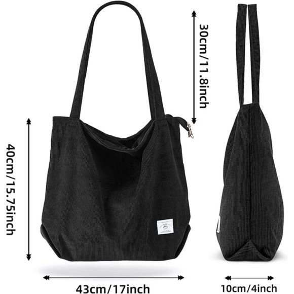 Women Corduroy Tote Bag Zipper Casual Tote's Handbag Big Capacity Shoulder Bag - Picture 3 of 6